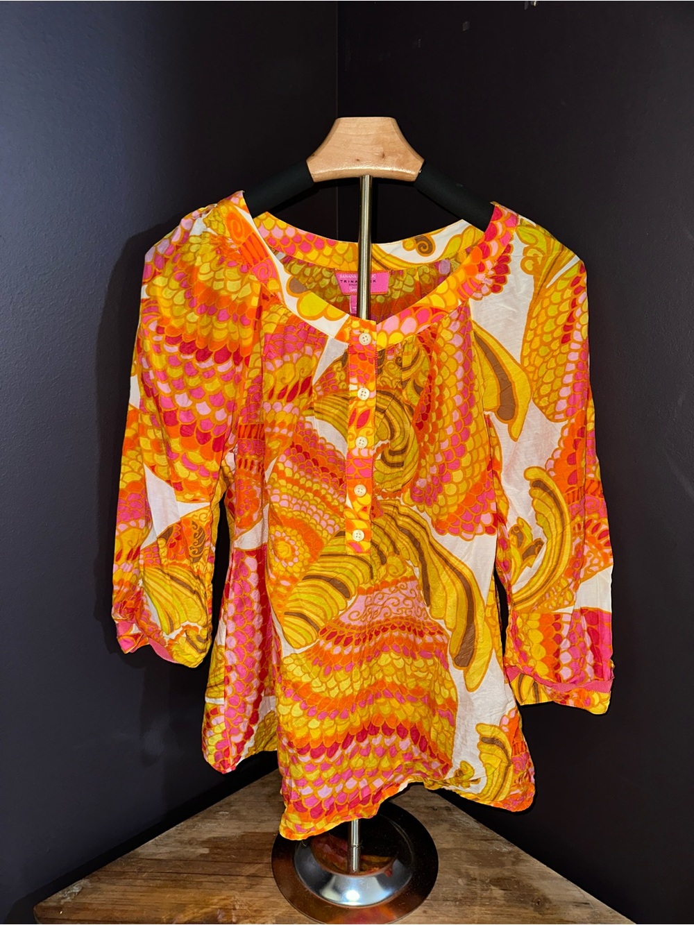 Trina Turk Orange & Pink Printed Henley Tunic